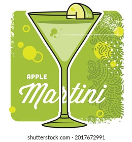 Creative abstract vector art drink apple martini illustration design. Geometric shapes compiled modern concept create layout glass alcohol cocktail pour stir ingredients mix ice cube graphic outline