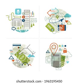 Creative abstract vector art finance illustration business marketing graphics. Geometric shapes compiled concept. Money ticket pay credit card hand hotel elevator globe travel symbol luggage line art