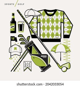 Creative Abstract Vector Art Golf Illustration. Geometric Shapes Concept. Template Sports  Bag Club Ball Sweater Argyle Tee Hat Cap Golfer Drink Bottle Beer Flag Stick Iron Driver Par Birdie Umbrella 