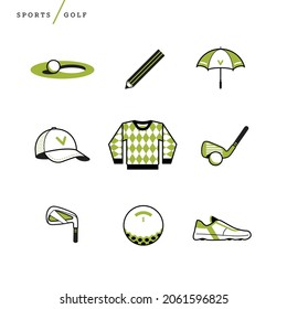 Creative Abstract Vector Art Golf Icon Set. Geometric Shapes Concept. Template Sports Hole Club Ball Sweater Argyle Tee Hat Cap Golfer Flag Iron Par Birdie Umbrella Pencil Isolated 