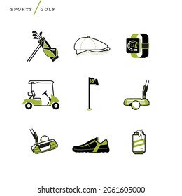 Creative abstract vector art golf icon set. Geometric shapes concept. Template sports hole club ball hat news boy cap flag stick tee beer alcohol shoe clubs putter cart smart watch bag line isolated 