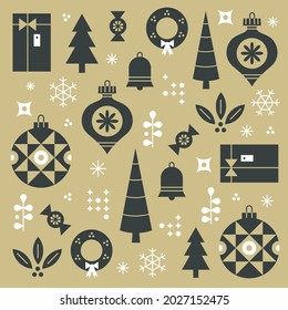 Creative abstract vector art holiday  illustration design. Geometric shapes concept layout Christmas December gift greeting winter decoration ornament wreath bell tree holly snow flake present outline