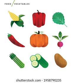 Creative abstract vector art  illustration of vegetables. Geometric shapes compiled modern concept. Produce grow groceries eat healthy fresh garden pumpkin asparagus cucumber pepper corn beet potato 