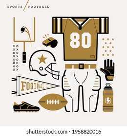 Creative Abstract Vector Art Illustration Of Football. Geometric Shapes Compiled Modern Concept. Template Sports Football Goal Post Flag Leather Pigskin Water Bottle Jersey Glove Helmet Whistle Score