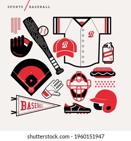 Creative Abstract Vector Art Illustration Of Baseball Sport. Geometric Shapes Modern Concept. Line Art Sports Helmet Diamond Field Out Pitch Strike Jersey Glove Bat  Cleats Hotdog Beer Umpire Outline