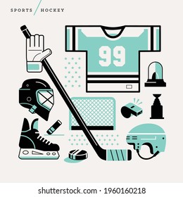 Creative abstract vector art illustration of hockey sport. Geometric shapes modern concept Line art helmet stick puck trophy goal goalie ice jersey rink ref whistle skates offsides siren score outline