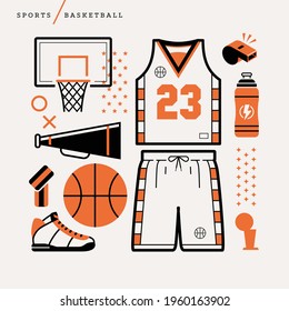 Creative abstract vector art illustration of basketball sport. Geometric shapes modern concept Line art rim backboard net score 3 water bottle jersey  sneakers trophy game court foul whistle outline