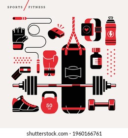 Creative abstract vector art illustration of workout gear. Geometric shapes modern concept Line art sport punch bag kettle fitness sneaker weights lift squat punch run glove rope whistle pills outline