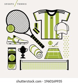 Kreative abstrakte Vektorgrafik des Tennissports. Geometrische Formen des modernen Konzepts. Line Art Jersey Shirt Schläger Ball out Liebe 15 30 Trophäen Handtuch Schweiß Bands, die Netto-Gras Lehm Court Umriss