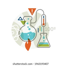 Creative abstract vector art  illustration of science graphics. Geometric shapes modern concept. Chemical medicine element flask bubble boiling glass chemist sign laboratory fire test tube line art