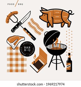 Creative abstract vector art  illustration of food BBQ. Geometric shapes modern concept. Pork picnic grill steak ham loin meat matches knife fork sausage light flame beer bacon cook line art ribs icon