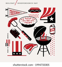 Creative Abstract Vector Art Illustration Of Independence Day. Geometric Shapes Modern Concept. Line Art Flag 4th July Pie American Popsicle Hat Made Usa Steak Grill Hot Dog Sausage Beer Food Outline