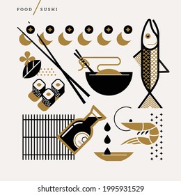 Creative abstract vector art illustration of sushi. Geometric shapes modern concept. Line art food eat roll noodle soup chopstick soy sauce raw cook fish salmon tuna crab shrimp squid wasabi outline