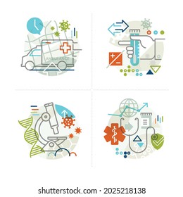 Creative Abstract Vector Art Illustration COVID 19 Graphics. Geometric Shapes Concept. Hand Medical Stethoscope Medicine Vaccine Health Ambulance Microscope DNA Pandemic Spread Social Test Line Art