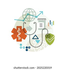 Creative abstract vector art illustration COVID 19 graphics. Geometric shapes concept. Medical stethoscope medicine vaccine health doctor patient DNA pandemic global mask spread social test line art
