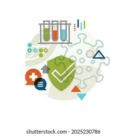 Creative abstract vector art illustration COVID 19 graphics. Geometric shapes concept. Medical coronavirus medicine vaccine health doctor patient DNA pandemic global mask spread social test line art