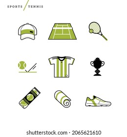 Creative abstract vector art illustration of tennis icons. Geometric shapes modern concept. Line shoe jersey shirt racket ball out love sneakers trophy towel sport hat cap net grass clay court outline