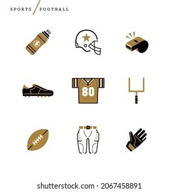 Creative abstract vector art illustration of football icons. Geometric shapes concept template sports fall goal post flag pigskin water bottle jersey glove pants helmet cleats whistle score outline