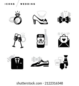 Creative Abstract Vector Art Illustration Of Wedding Icons. Geometric Modern Concept. Line Art Bow Tie Carat Diamond Ring Heels Dress Shoes Rsvp Invite Suit Tux Envelope Glasses Bell Champagne Outline