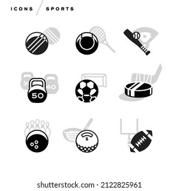 Creative abstract vector art illustration sports icons. Geometric modern concept. Line art baseball football tennis soccer kettle bell golf club driver goal post field racket stick bocce ball outline