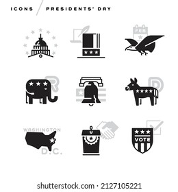 Creative abstract vector art illustration of Presidents day icons. Modern concept. Line art government liberty bell democrat republican country eagle top hat donkey elephant capitol star vote outline