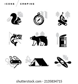 Creative abstract vector art illustration of Camping icons. Modern concept. Line art tent campfire leaf bear squirrel compass fish rod can food knife utility tree wood map animal rope kayak outline