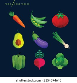 Creative abstract vector art illustration of vegetables. Geometric shapes compiled modern concept. Produce grow groceries fresh garden carrot green beans tomato avocado eggplant onion celery broccoli