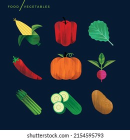 Creative abstract vector art illustration of vegetables. Geometric shapes compiled modern concept. Produce grow groceries eat healthy fresh garden pumpkin asparagus cucumber pepper corn beet potato