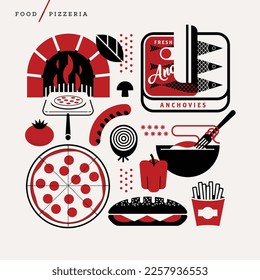 Creative abstract vector art illustration of pizzeria icons. Pizza dough cheese pasta sandwich meat vegetable pepper fire oven pepper pepperoni anchovy onion sausage tomato fries fork hoagie line art