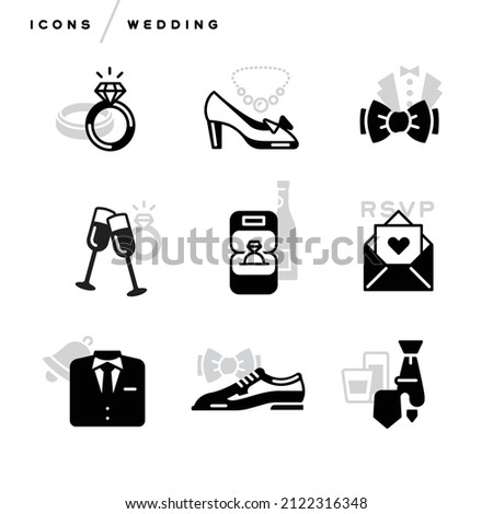 Creative abstract vector art illustration of wedding icons. Geometric modern concept. Line art bow tie carat diamond ring heels dress shoes rsvp invite suit tux envelope glasses bell champagne outline