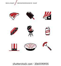 Creative abstract vector art Independence day icons. Geometric shapes modern concept. Line art flag 4th July pie American popsicle top hat usa steak grill hot dog sausage beer alcohol food set outline