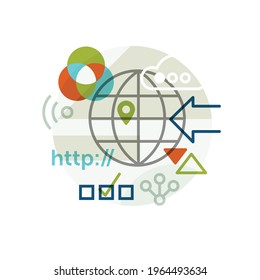 Creative abstract vector art marketing illustration business graphics. Geometric shapes concept. Isolate  symbol  iCloud  arrow wifi globe technology pin location check mark box http connect line art