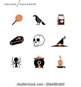 Iconos de Halloween con vector abstracto creativo. Concepto de forma geométrica. Línea de vacaciones calabaza temporada calavera octofre aleta de caramelo bruja araña vela cauldron fríjol globo lollipop armazón