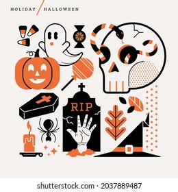 Creative abstract vector Halloween illustration. Geometric shape concept. Line holiday pumpkin leaf season hand skull snake ghost october leaves candy corn coffin grave witch hat spider candle outline