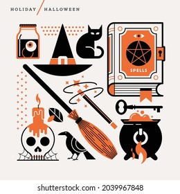 Creative abstract vector Halloween illustration. Geometric shape concept. Line holiday pumpkin leaf season hand skull snake ghost october leaves candy corn coffin grave witch hat spider candle outline