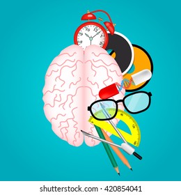 Creative abstract  vector illustration Concept of science, education  and arts. Back to school illustration. Realistic vector brain, Circinus,alarm clock, ruler, pencils, glasses.
