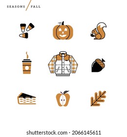 Creative abstract vector illustration fall art season icons. Geometric shapes concept line coffee mocha pie leaf pumpkin spice flannel autumn leaves candy corn chocolate squirrel nut down vest outline