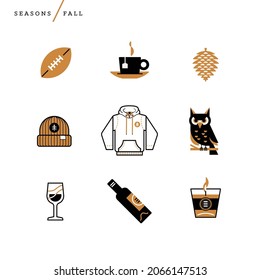 Creative abstract vector illustration fall art season icons. Geometric shapes concept line coffee tea owl football autumn leaves candy corn pine cone wine glass candle hat beanie sweat shirt outline