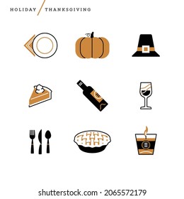 Creative abstract vector illustration Thanksgiving. Geometric shapes concept line art turkey meal dinner apple pie pumpkin pilgrim hat wine bottle glass plate utensil napkin candle fall autumn outline