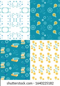 Creative Abstract Vector Seamless Patterns Set. Self Development Background. Books and Gears Texture. Creative Idea Generation. Searching Answer. Finding Solution. Wrapping Paper, Wallpaper Design