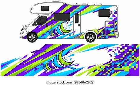 Creative abstract vinyl graphics with colorful spirals. Energetic design for customizing RVs with vibrant patterns.