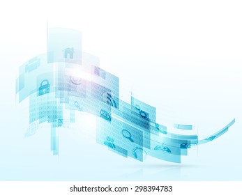 Creative abstract waves with various web icons on shiny background for technology concept.