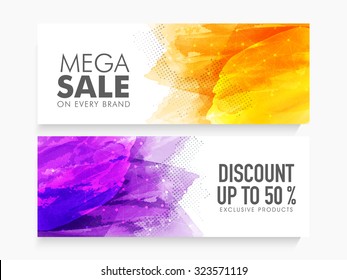 Creative abstract website header or banner set of Mega Sale with 50% discount on Exclusive Products.