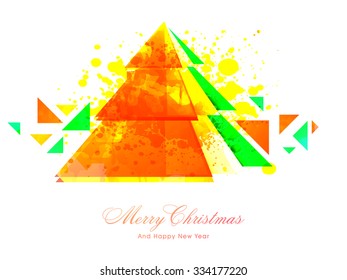 Creative abstract Xmas Tree on yellow color splash background for Merry Christmas and Happy New Year celebration.