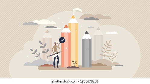 Creative achievement or education skill reach success tiny person concept. Performance victory with different thinking, knowledge or inspiring motivation vector illustration. Mountain top from pencils