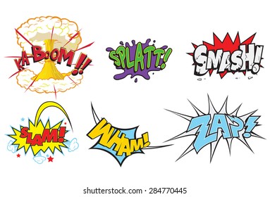 Creative action words for comics such as smash, slam, wham, zap, comic book, action, words, cartoon. Comic Action Words