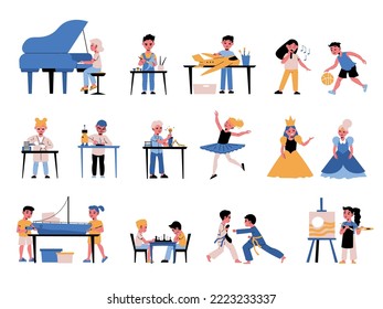 Creative and active hobbies flat set with children painting dancing doing crafts martial arts robot engineering isolated vector illustration