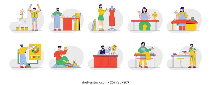 Creative activities in arts, crafts of learning. Design character. Vector flat illustration packs