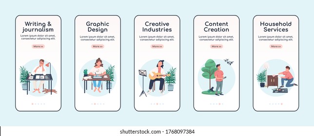 Creative activities onboarding mobile app screen flat vector template. Craft and pastime. Walkthrough website steps with isolated characters on white. UX, UI, GUI smartphone cartoon interface