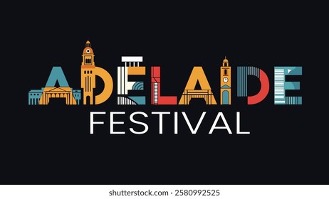 A creative Adelaide Festival logo with colorful city landmarks incorporated into the typography, representing the festival's connection to Adelaide's cultural and architectural heritage